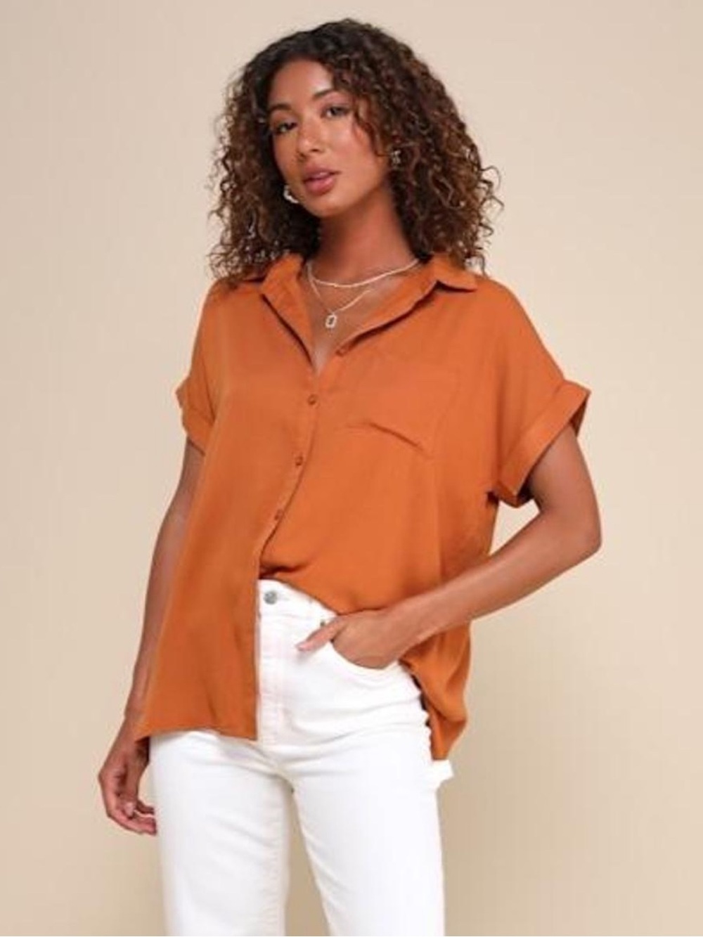 Lulu's Relaxed Button-Front Top in Rust Orange